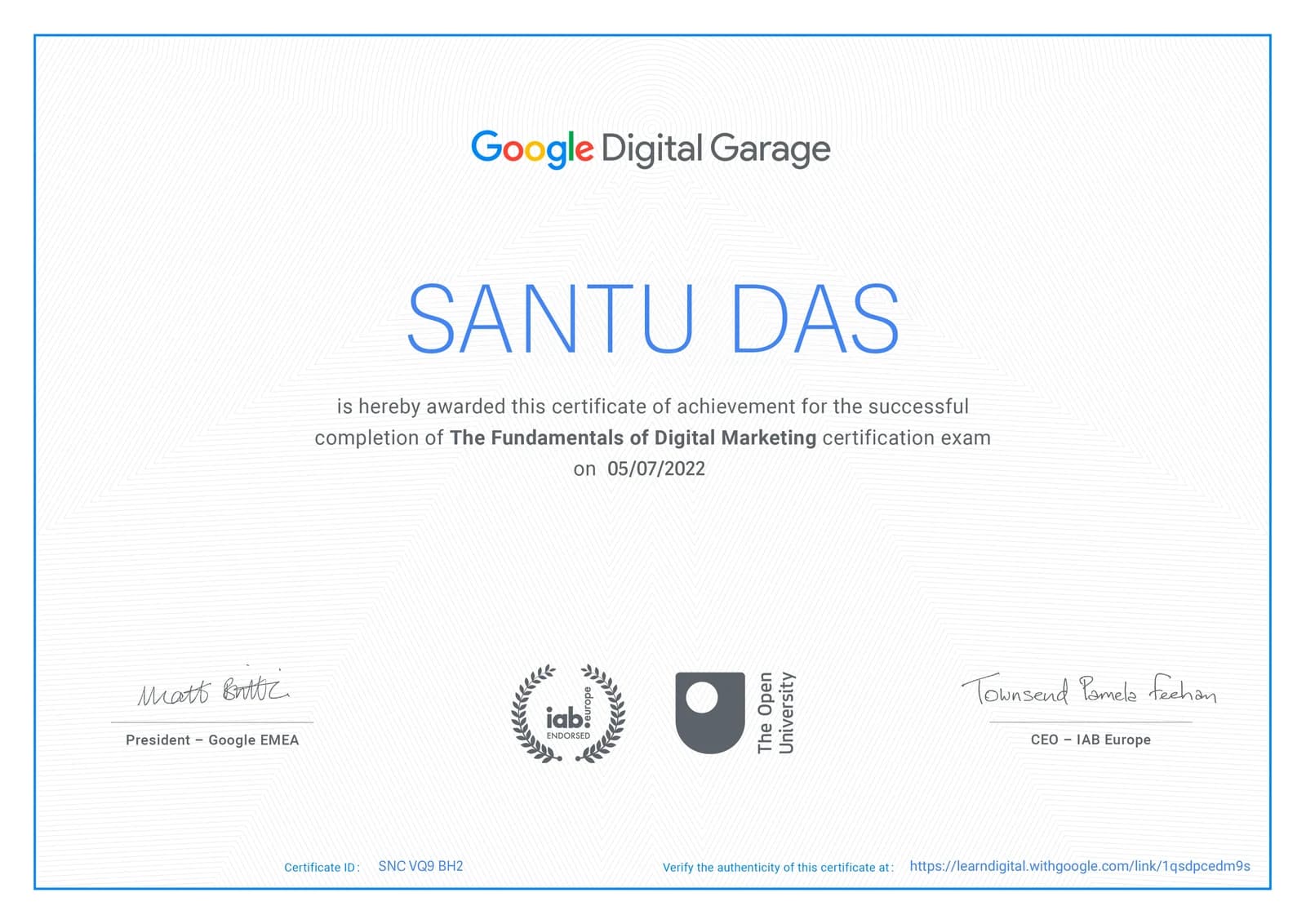 The Fundamentals of Digital Marketing certificate — Google Digital Garage